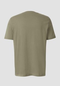 Khakifarbenes T-Shirt mit kurzen Ärmeln und rundem Ausschnitt, aus weichem Baumwollmaterial, mit glatter Textur und ohne sichtbare Muster oder Grafiken.