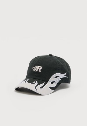 Black baseball cap with white flame patterns on brim and sides, and a white letter "R" with flames on the front panel.