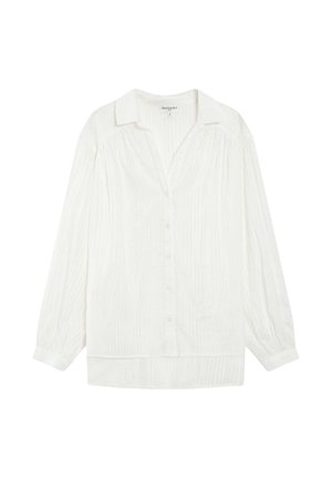 Blusa bianca a maniche lunghe con bottoni, colletto, sottili righe verticali e vestibilità morbida di Grace & Mila.