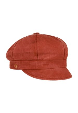 Rust-colored corduroy newsboy cap with a small round button on the side and a short curved brim.