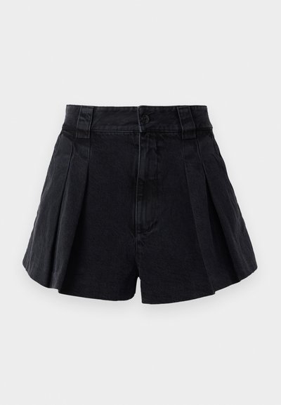 Black pleated shorts in a lightweight fabric. Features a front button closure and two side pockets. Smooth texture with a clean finish.