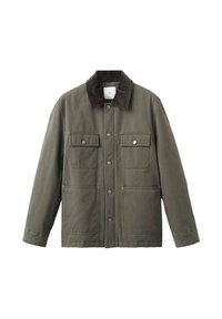 Giacca verde oliva con colletto in velluto a coste marrone scuro, chiusura con bottoni, due tasche a toppa sul petto e due tasche inferiori.