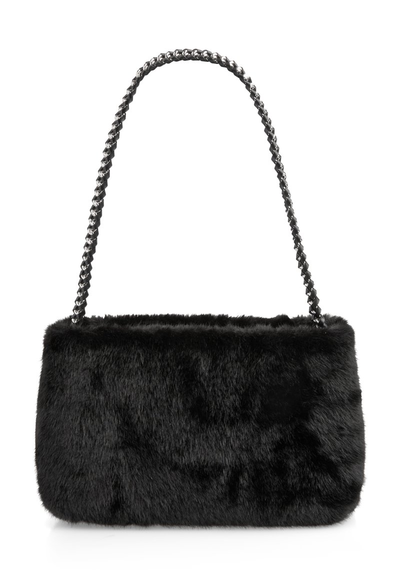 Schwarze Handtasche aus Kunstfell mit rechteckiger Form, strukturierten Oberflächen und einer Kettenriemen. Verfügt über ein weiches, plüschiges Äußeres.