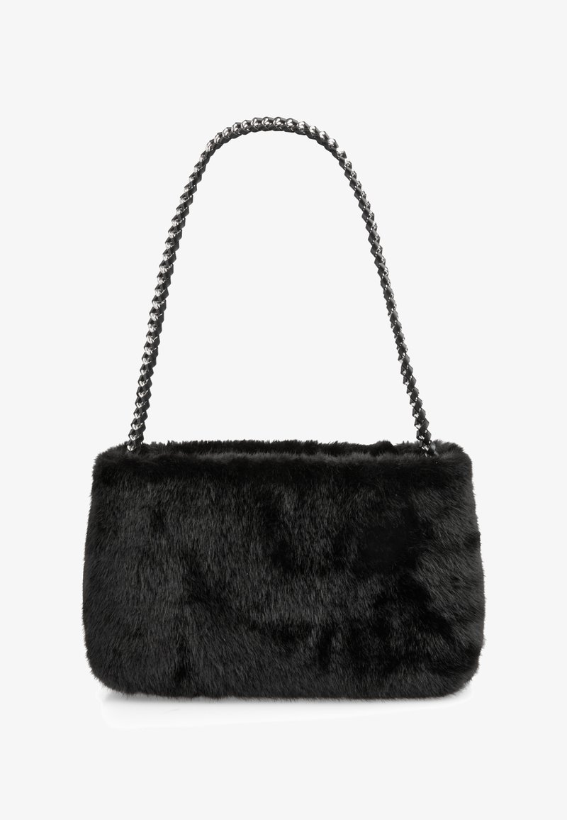 Black faux fur handbag with a rectangular shape, textured surface, and a chain strap. Features a soft, plush exterior.