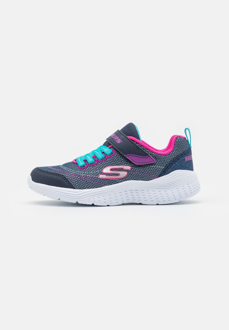 Dark blue athletic shoe with mesh upper, pink and turquoise accents, white sole, lace and strap closure, S logo on the side.