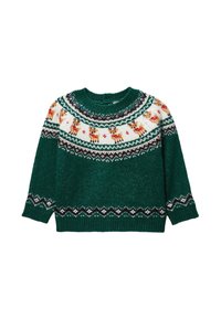 Pull vert tricoté à col rond, avec un empiècement blanc orné de motifs de rennes et d'accents colorés, et une bordure décorative noire à l'ourlet.