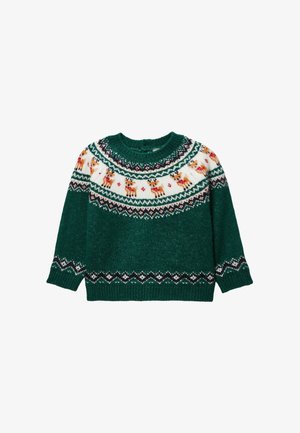 Pull vert tricoté à col rond, avec un empiècement blanc orné de motifs de rennes et d'accents colorés, et une bordure décorative noire à l'ourlet.