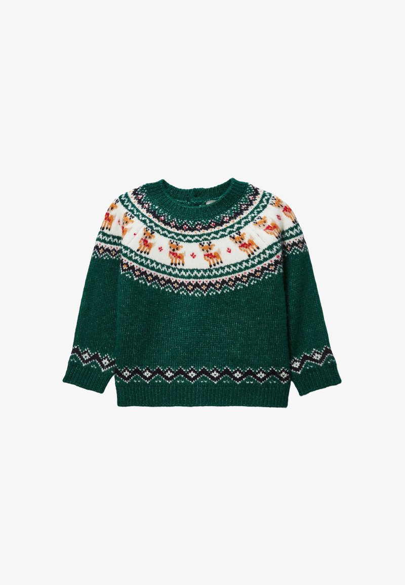 Pull vert tricoté à col rond, avec un empiècement blanc orné de motifs de rennes et d'accents colorés, et une bordure décorative noire à l'ourlet.