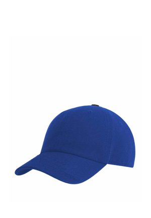 Blaues Baseballcap mit gebogenem Schirm und sichtbaren Nähten auf weißem Hintergrund.