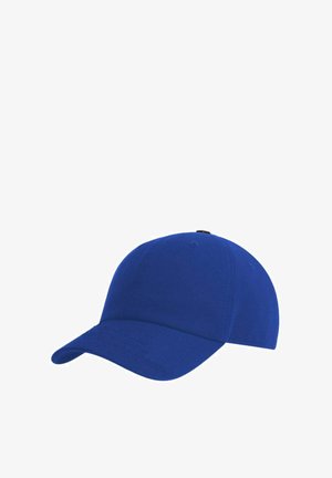 Blue baseball cap with curved brim and visible stitching on a plain white background.