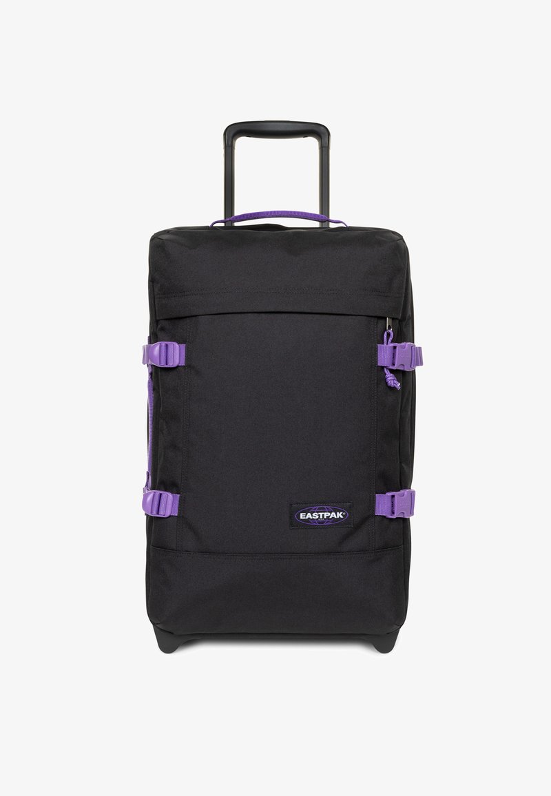 Borsa da viaggio nera con ruote e dettagli viola, dotata di manico retrattile, cinghie laterali e scomparto centrale con cerniera.