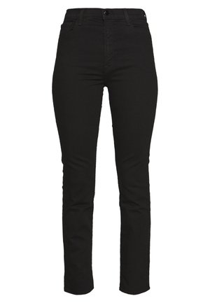 Slim fit -musta farkut, joissa on etuosassa nappi- ja vetoketjukiinnitys, vyölenkit sekä edessä ja takana taskut, esillä valkoista taustaa vasten.