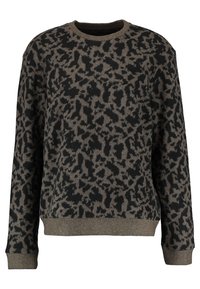 Maglione marrone e nero con un design astratto a stampa leopardo. Presenta un collo rotondo, maniche lunghe e una finitura in tessuto testurizzato.