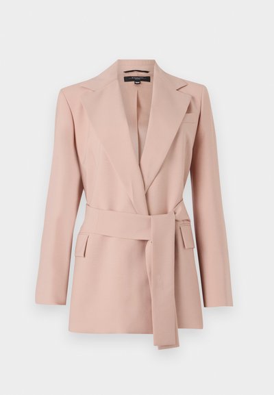 Blush pink blazer with a tailored fit, notched lapels, wrap belt, and two side pockets. Made from smooth fabric with a structured design.