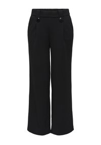 Sorte bukser med vide ben og højtaljet, to forreste knapper på stropper og sidelommer, vist på hvid baggrund.