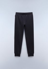 Zwarte sweatpants gemaakt van zachte stof, met een elastische tailleband en ribben bij de enkels. Rechte pijpen zonder zichtbare patronen of hardware.