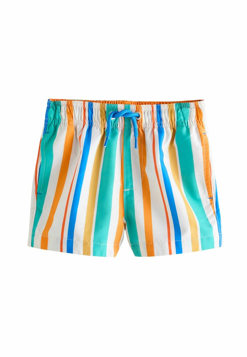 Kolorowe kąpielówki z pionowymi paskami w zielonym, pomarańczowym, niebieskim i żółtym kolorze. Posiadają elastyczną talię z niebieskim sznurkiem i boczne kieszenie.