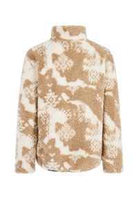 Sudadera de forro polar beige y crema con cuello alto, que presenta un diseño texturizado y estampado en toda su superficie. Tejido suave y acogedor.