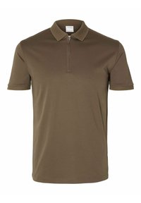 Olivgrön polo-skjorta med dragkedja i kragen, korta ärmar, texturerad kant och en slät tygfinish.