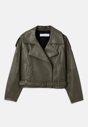 Olive green leather biker jacket, cropped design, wide lapels, belted waist, long sleeves, side pockets, and shoulder epaulettes.