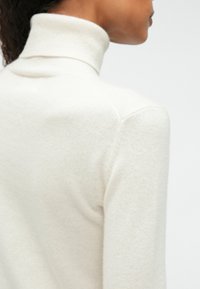 Light cream turtleneck sweater in soft, textured knit. Features a high collar and fitted silhouette with seamless shoulder design.