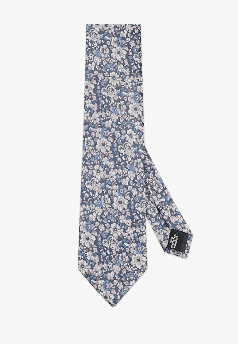 Krawat w kwiatowy wzór w ciemnym niebieskim kolorze, z odcieniami różowych i jasnoniebieskich kwiatów. Wykonany z gładkiego materiału, z zakończeniem w szpic i metką.