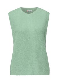 Jasnozielony sweter bez rękawów z miękkim, teksturowanym wykończeniem i okrągłym dekoltem. Materiał wydaje się puszysty i przytulny. Metka marki widoczna na szyi.