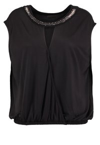 Blouse noire à manches courtes, décolleté arrondi orné de perles transparentes, design enveloppant et ourlet froncé pour un ajustement décontracté.