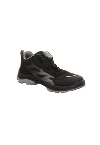 Schwarzer Sportschuh mit strukturiertem Obermaterial und grauen Akzenten, einem runden Dial-Verschluss und einer robusten Sohle für verbesserten Halt.