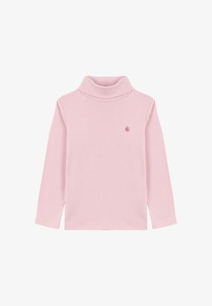 Camiseta de cuello alto de manga larga en color rosa, hecha de un tejido suave. Presenta un cuello alto y un pequeño logotipo en el pecho. Diseño sencillo.