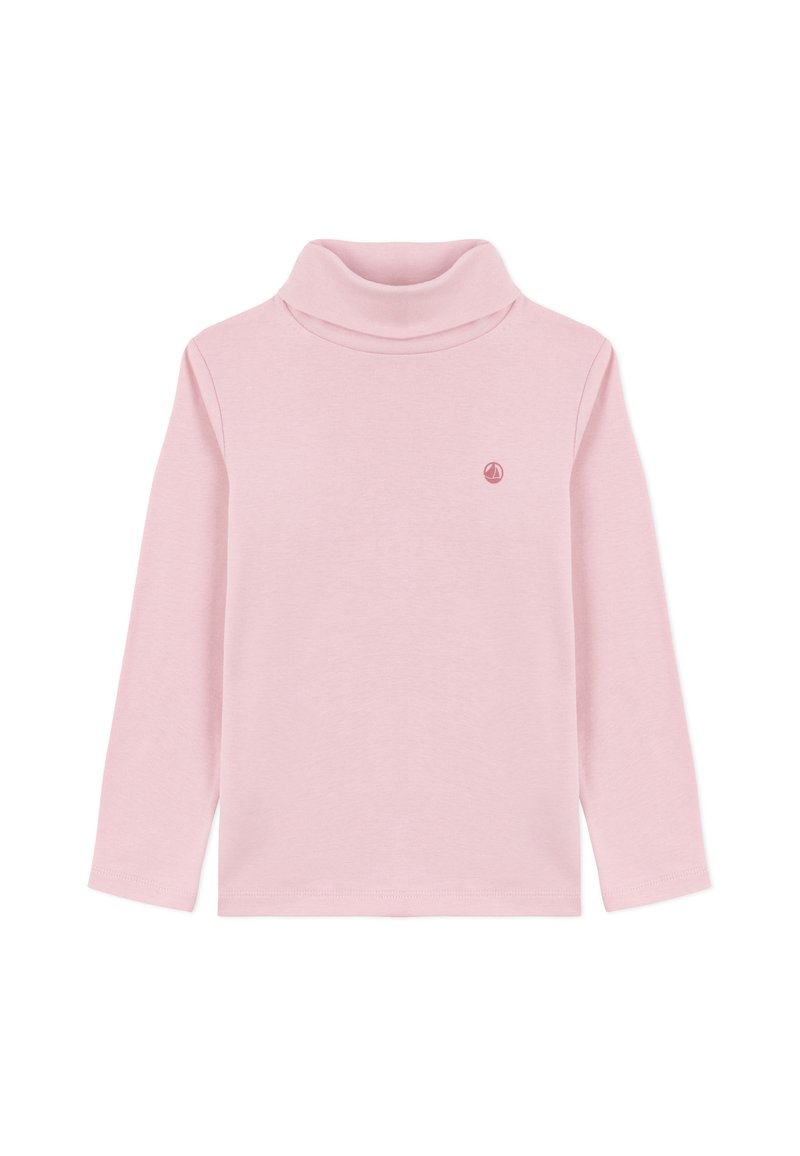 Ružičasti dugih rukava turtleneck top od mekanog materijala. Ima visoki ovratnik i mali logo akcent na prsima. Jednostavan dizajn.