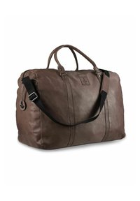 Bruine leren weektas met dubbele handvatten bovenaan, verstelbare schouderriem en een gestikte patch met een ankerembleem. Gladde textuur.