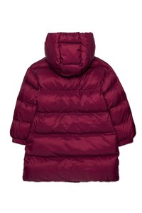 Maroon puffer coat with a hood, quilted design, and elasticated sleeves. Features a soft, shiny texture and a relaxed fit.