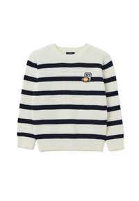 Weißer Strickpullover mit marineblauen horizontalen Streifen, rundem Ausschnitt und gerippten Bündchen. Verfügt über ein kleines gesticktes Patch mit der Aufschrift "NY."