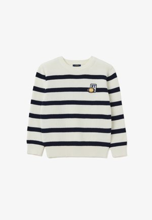 Weißer Strickpullover mit marineblauen horizontalen Streifen, rundem Ausschnitt und gerippten Bündchen. Verfügt über ein kleines gesticktes Patch mit der Aufschrift "NY."