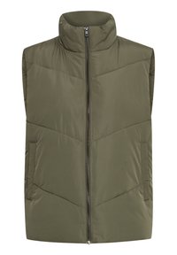 Gilet sans manches en olive, avec col haut, fermeture éclair sur le devant et motif de matelassage en chevrons. Comprend deux poches latérales. Texture douce.