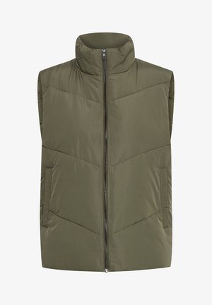 Olivgrön, ärmlös puffer-väst med hög krage, framdragkedja och chevronquiltning. Har två sidofickor. Mjuk textur.