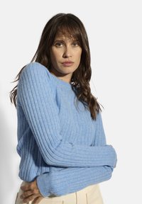 Maglione a coste blu chiaro con maniche lunghe, scollatura tonda e texture morbida. Il tessuto appare accogliente con un fit leggermente allentato.