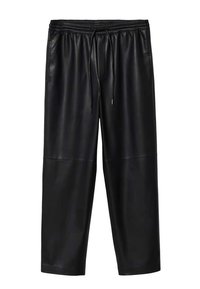 Czarne spodnie z ekoskóry z elastycznym pasem, sznurkiem i krótkim krojem. Materiał ma gładką teksturę i minimalne detale szwów.