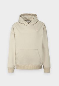 Felpa in cotone beige con tasca frontale, polsini e orlo a costine, e un piccolo etichetta con logo sul petto. Design casual con cappuccio regolabile.