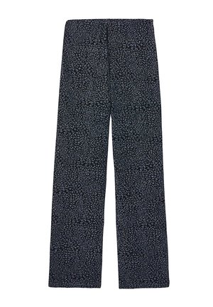 Pantalon noir à jambes larges présentant un motif texturé avec de petites taches claires, fabriqué en tissu léger, avec une coupe taille haute.