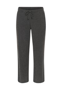 Gray, ribbed, cropped pants with an elastic waist and front drawstring. Features a soft texture and straight leg design.