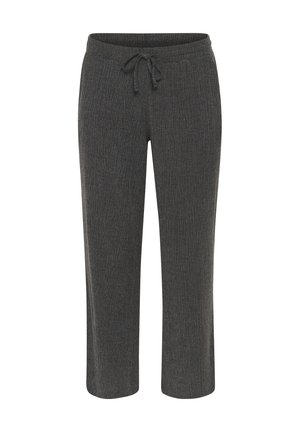 Gray, ribbed, cropped pants with an elastic waist and front drawstring. Features a soft texture and straight leg design.