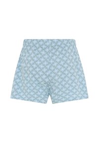 Shorts bleu clair avec une taille élastique, recouverts d'un motif répétitif de feuilles de fougère foncées.