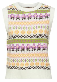 Pull sans manches en tricot avec une base blanche ornée d'un motif géométrique et floral multicolore dans des teintes de violet, vert, orange et marron.