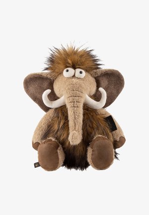 Giocattolo mammut in peluche con un corpo marrone texturizzato, grandi orecchie, una lunga proboscide e zanne bianche. Presenta una criniera pelosa e dettagli cuciti.