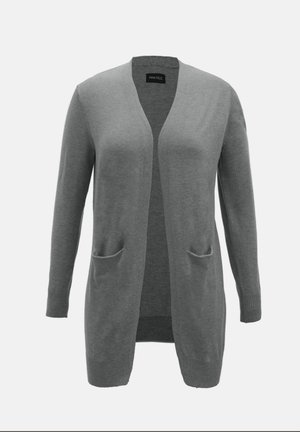 Sivý kardigán s výstrihom do V, otvoreným predným dielom, dvoma prednými vreckami a zužujúcim nadstavcom na rukávoch a leme. Vyrobené z mäkkého, ľahkého materiálu.