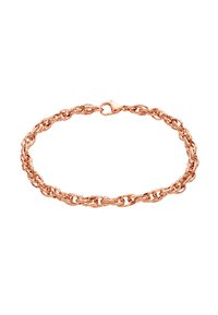 Bracciale in oro rosa con maglie attorcigliate e chiusura a moschettone, caratterizzato da una superficie liscia e un design delicato e intrecciato.