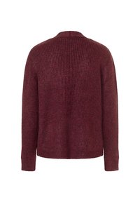 Pull en tricot bourgogne avec un motif texturé en côtes, épaules tombantes et manches longues. Dos uni, sans fermetures ni embellissements.