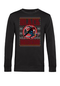 Sudadera negra con gráfico de Black Widow, texto rojo audaz y patrones blancos. Mangas largas y puños acanalados para un buen ajuste. Tejido de mezcla de algodón.
